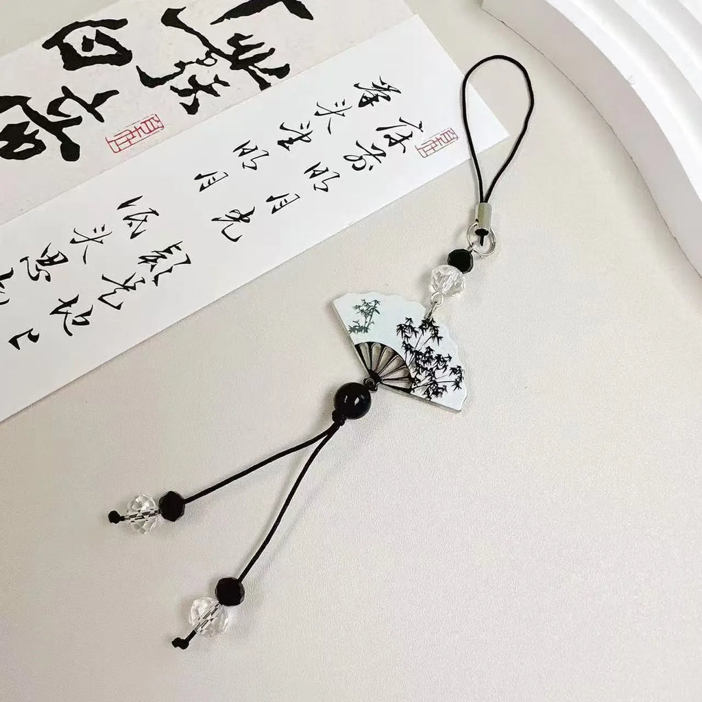 Guofeng floral pattern ceramic bead pendant keychain with Chinese style design.