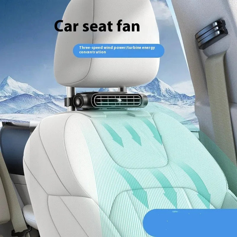 USB-powered car fan with Velcro strap, no-leaf blades, and brushless motor in beige colour on a car seat headrest.