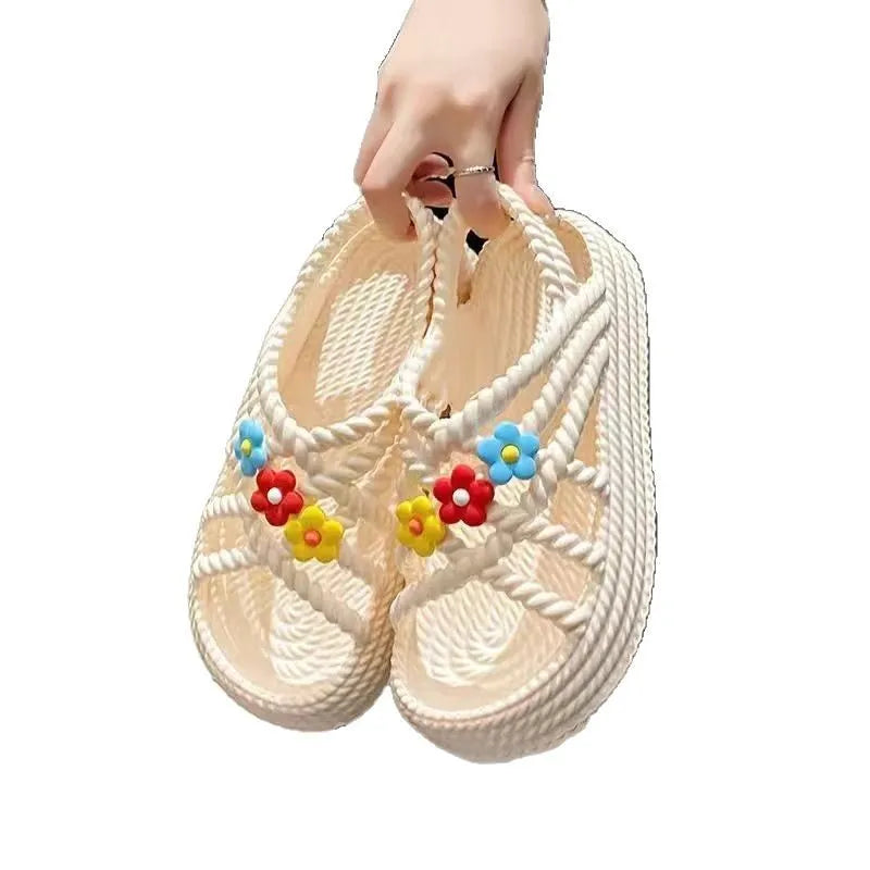 Super soft cute flower all-matching lightweight non-slip PVC sandals in beige with round head