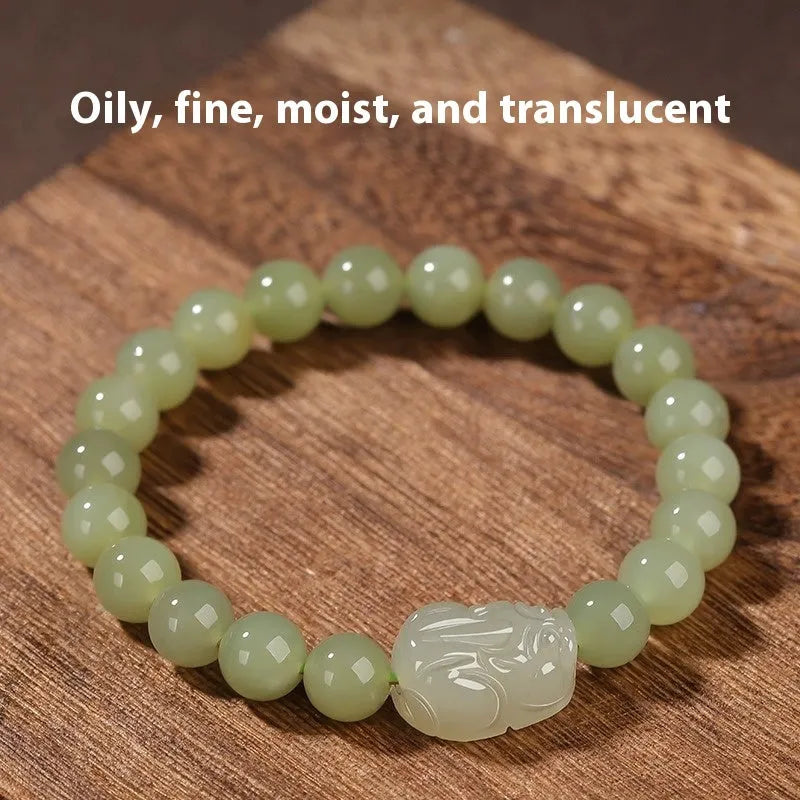 Women's Hetian jade leather show bracelet in national style, polished finish, 8mm bead size on neutral background