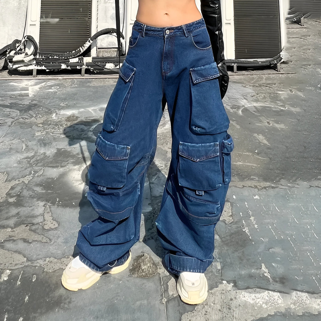 Dark blue distressed women's jeans with wide legs, high waist, and multiple pockets on a neutral background.