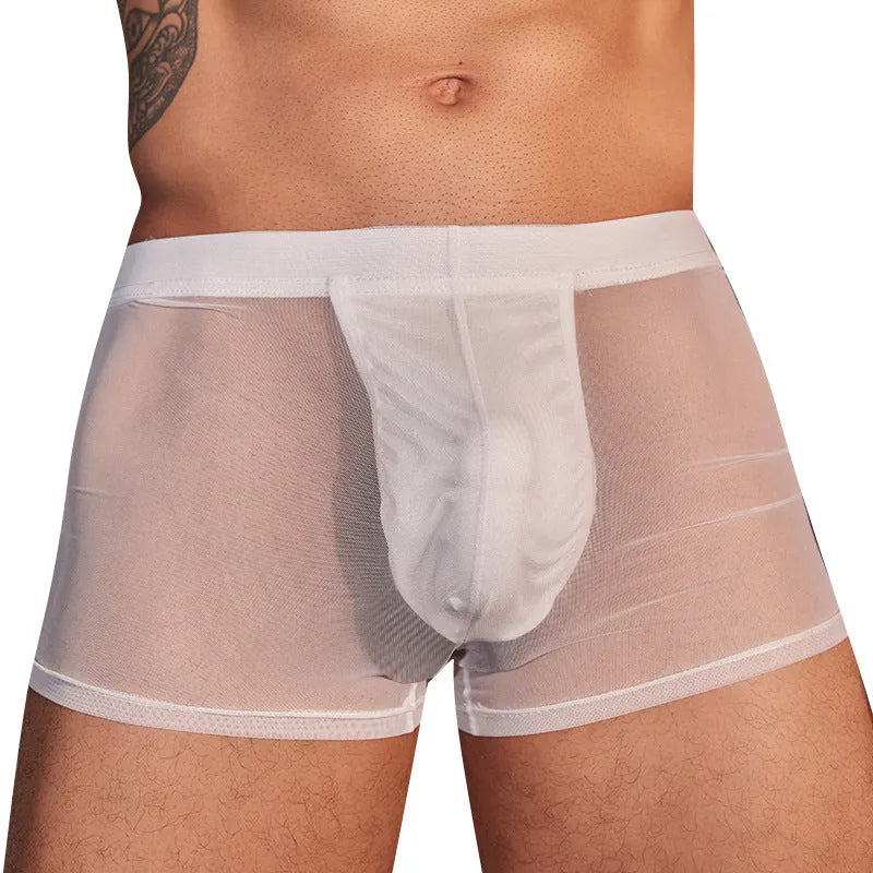 Black ultra-thin nylon men's boxer briefs laid flat, showing low-rise design.