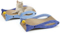 Blue fish-shaped cardboard cat scratcher lounge with integrated bell ball toy.
