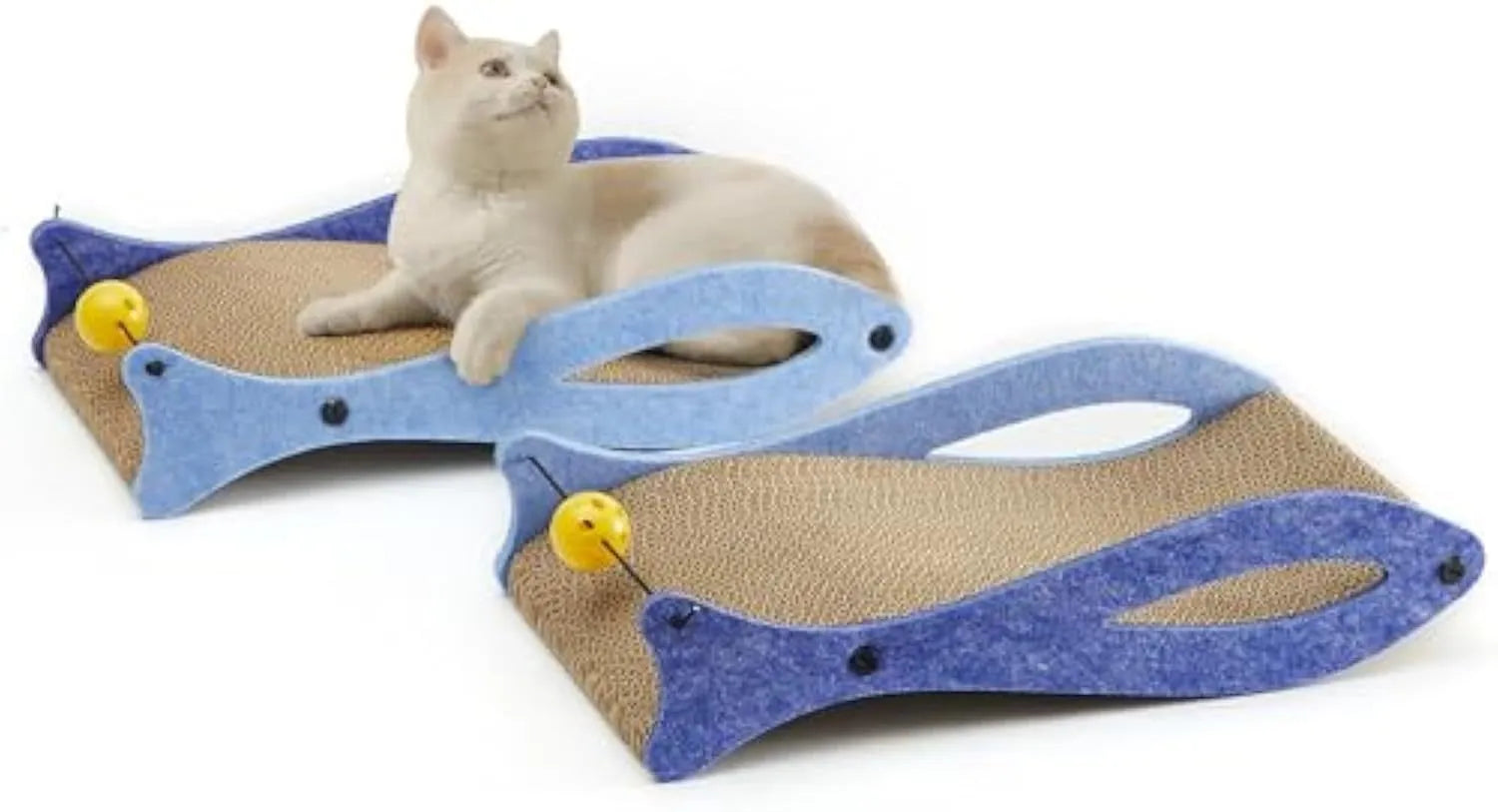 Blue fish-shaped cardboard cat scratcher lounge with integrated bell ball toy.