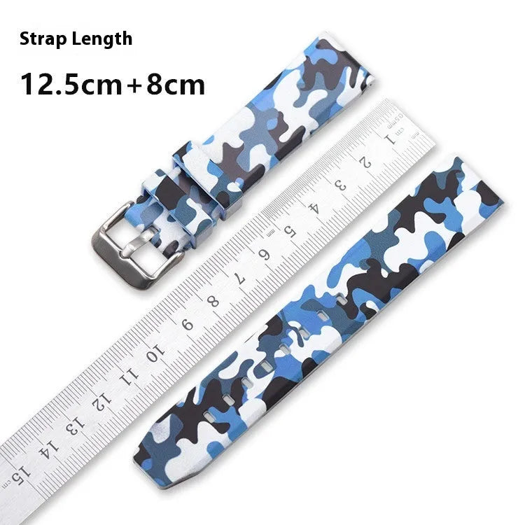 Camouflage silicone watch strap showing green, blue, and grey patterns in 20mm, 22mm, 24mm widths