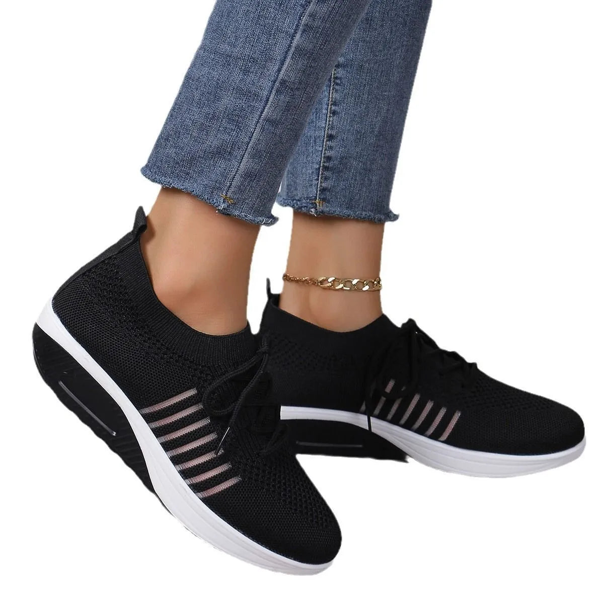 Breathable mesh lace-up flat shoes with platform sole, low heel, round toe, available in black