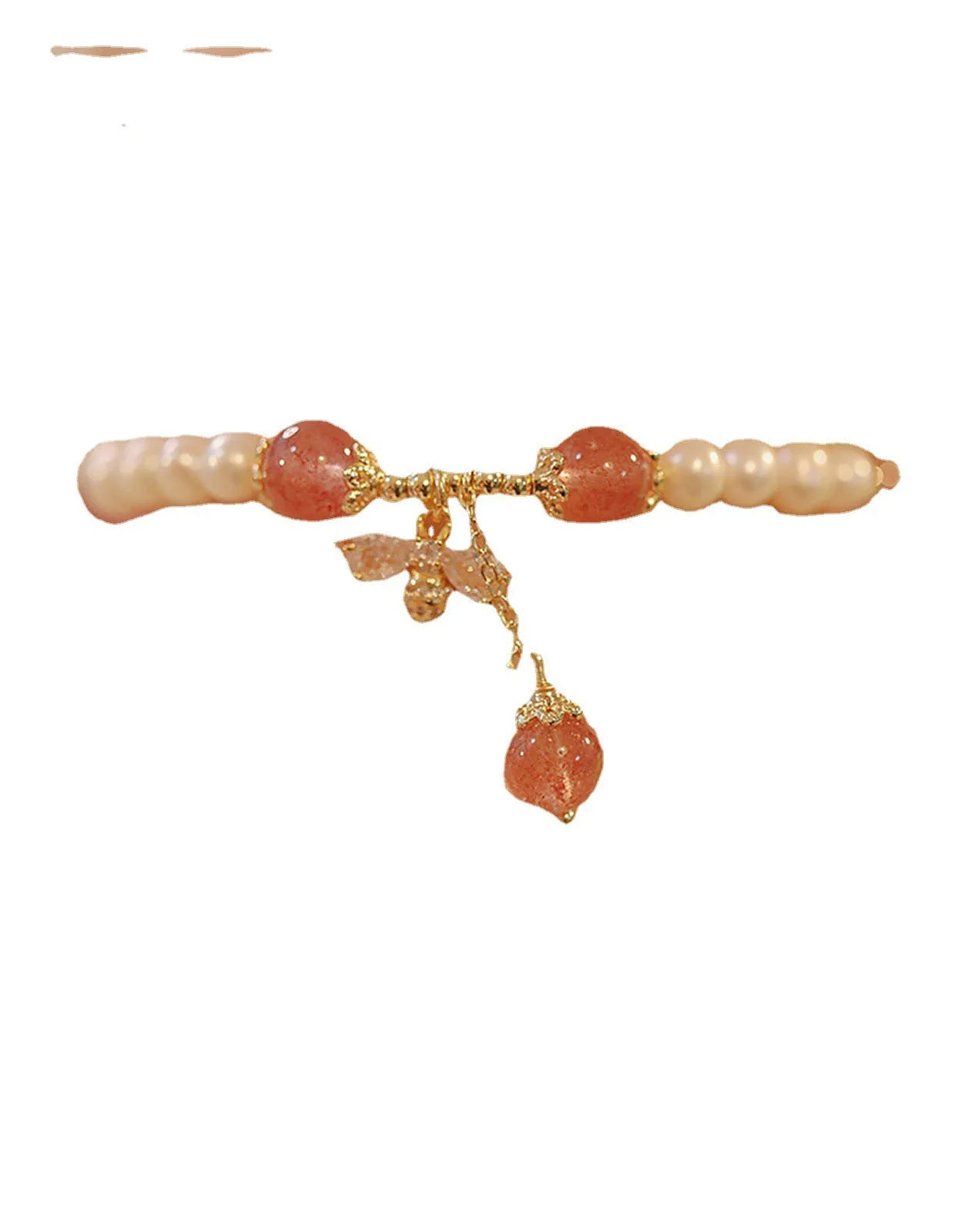 Crystal strawberry quartz bracelet with bow detail on white background, women's INS-style accessory