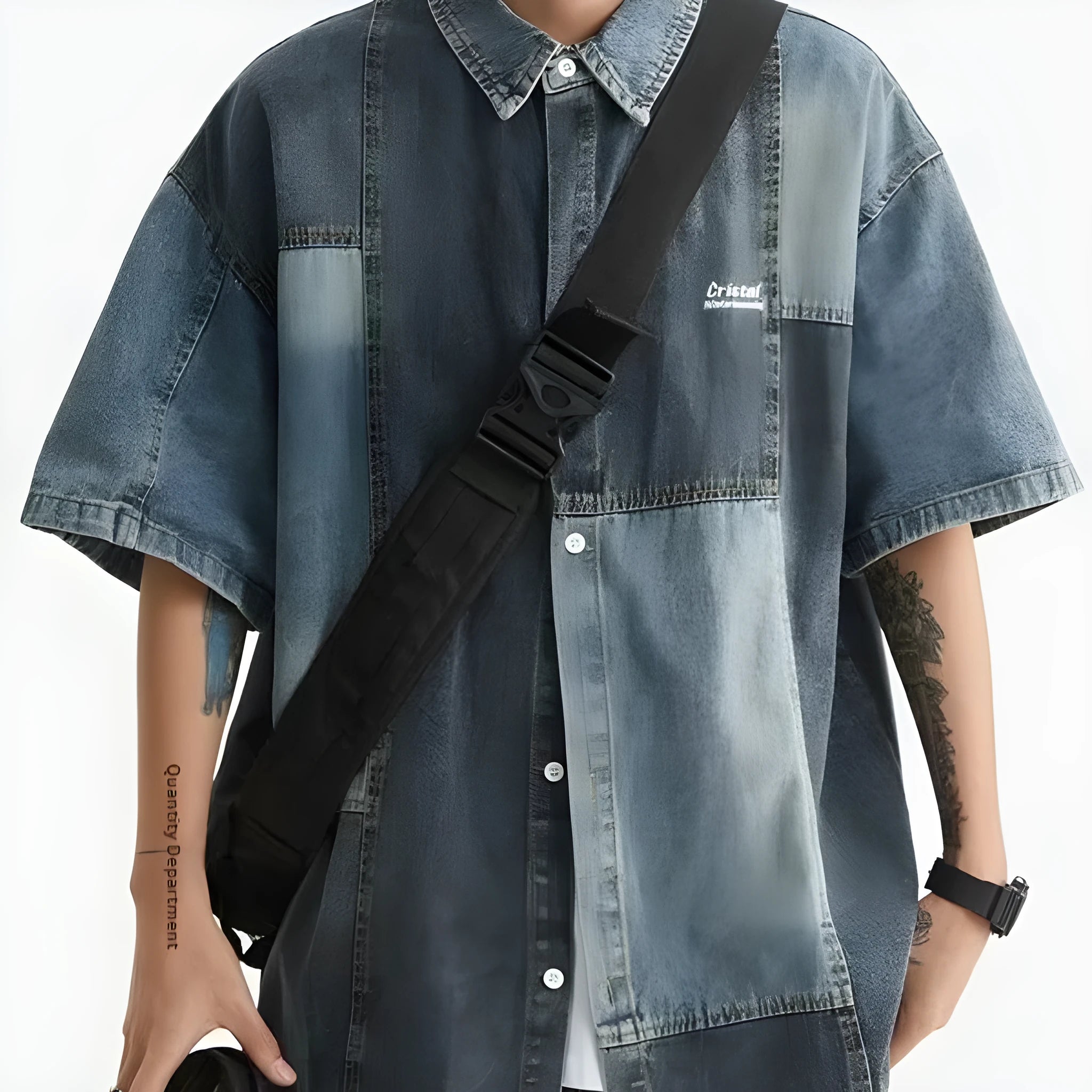 Blue Japanese-inspired men's denim shirt with washed stitching and loose cardigan fit