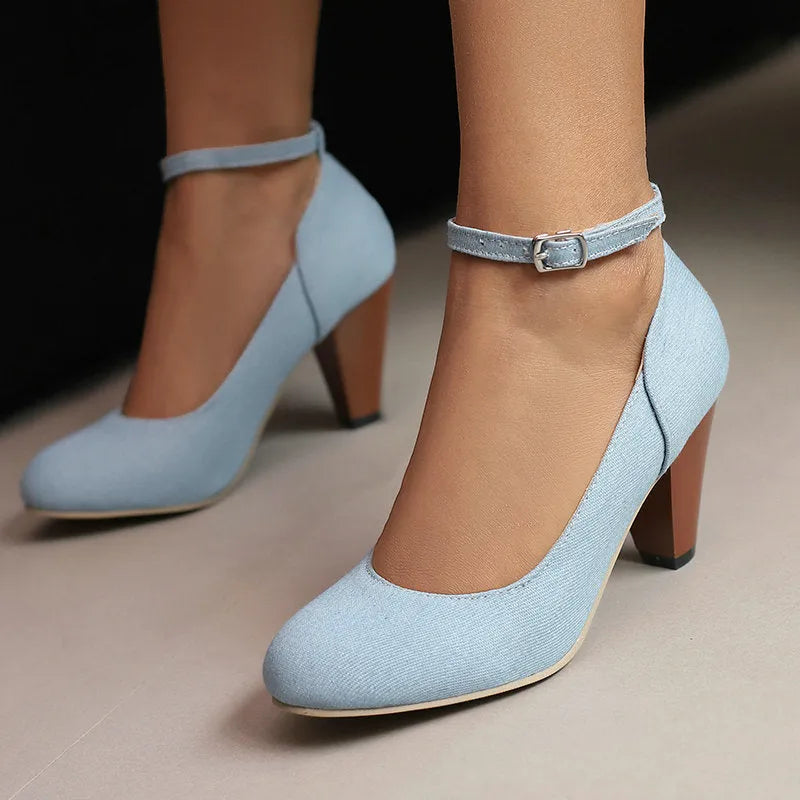 Denim women's high heel platform shoes with buckle fastening, round toe, shallow mouth, in solid colour, side view