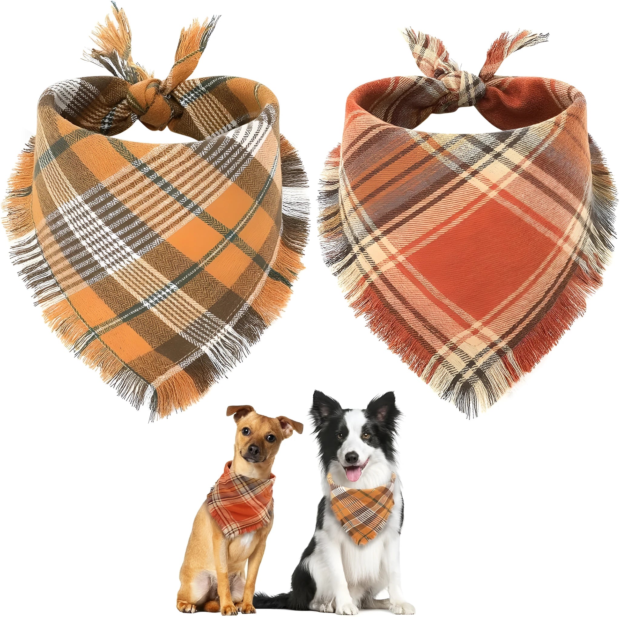 Vivifying fall dog bandana with plaid pattern, tassel edges, and double-layer cotton in autumn colours