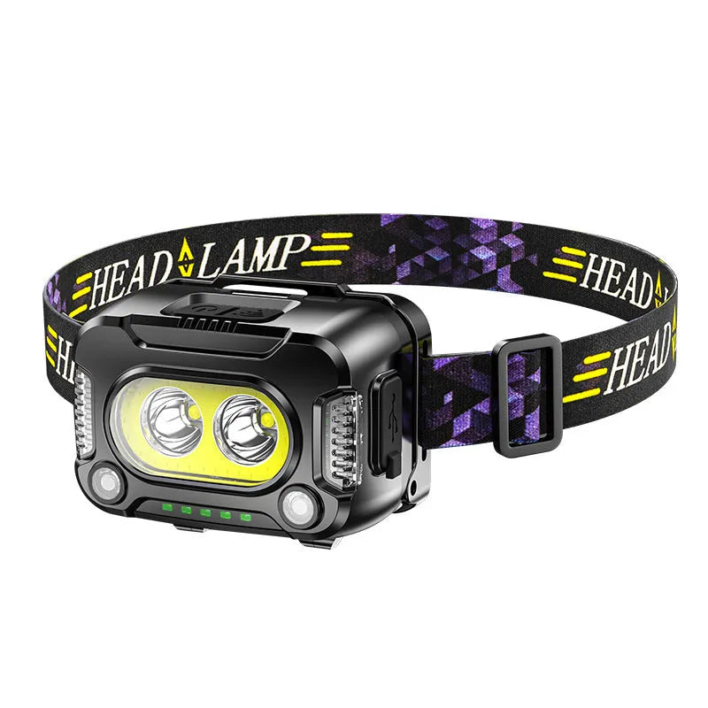 Black COB light sensing headlamp for night running and fishing with 200m exposure distance