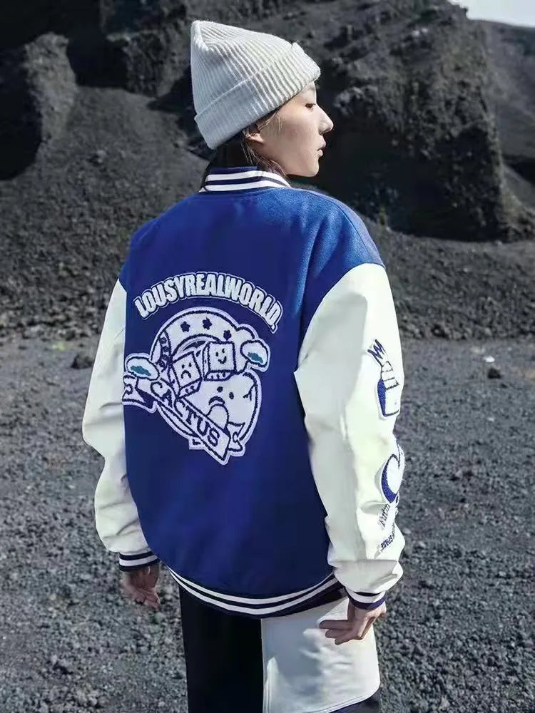 Men's college style stand up collar long sleeve embroidered letter jacket cardigan in black, blue, green