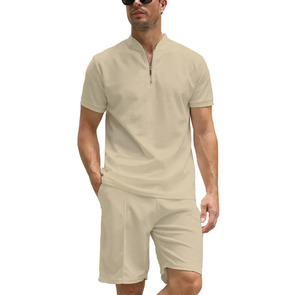 Men's solid colour polo shirt suit set with short sleeves and matching trousers in beaded bird's eye fabric
