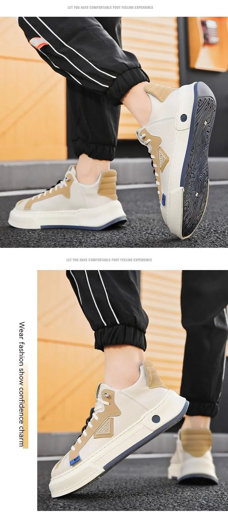 Men's beige and black low-top sneakers with elastic band and mesh lining