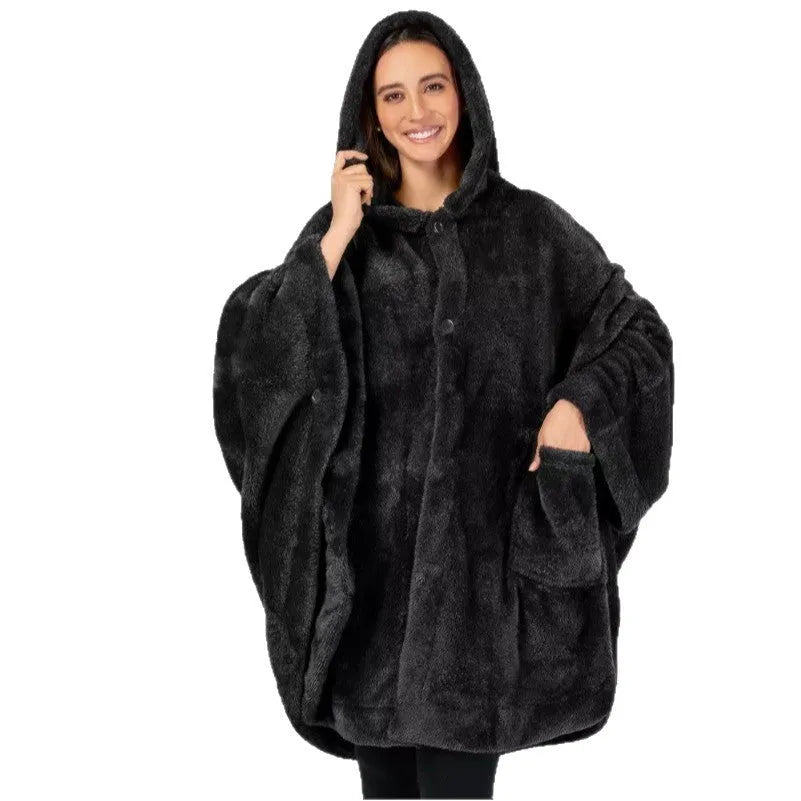 Heavy weight hooded bathrobe in polyester fleece fabric shown in black, dark grey and pink colour options