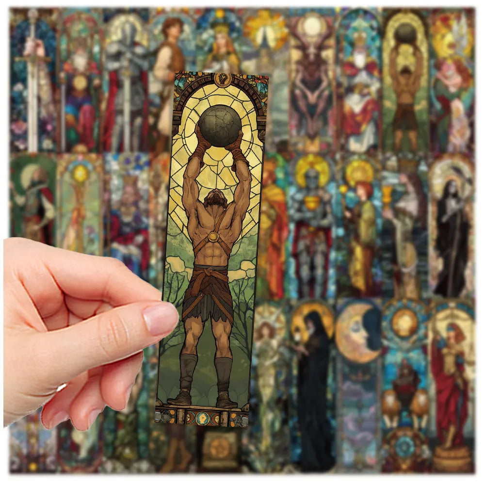 30 tarot bookmarks with painted glass artwork in colourful designs on paper material
