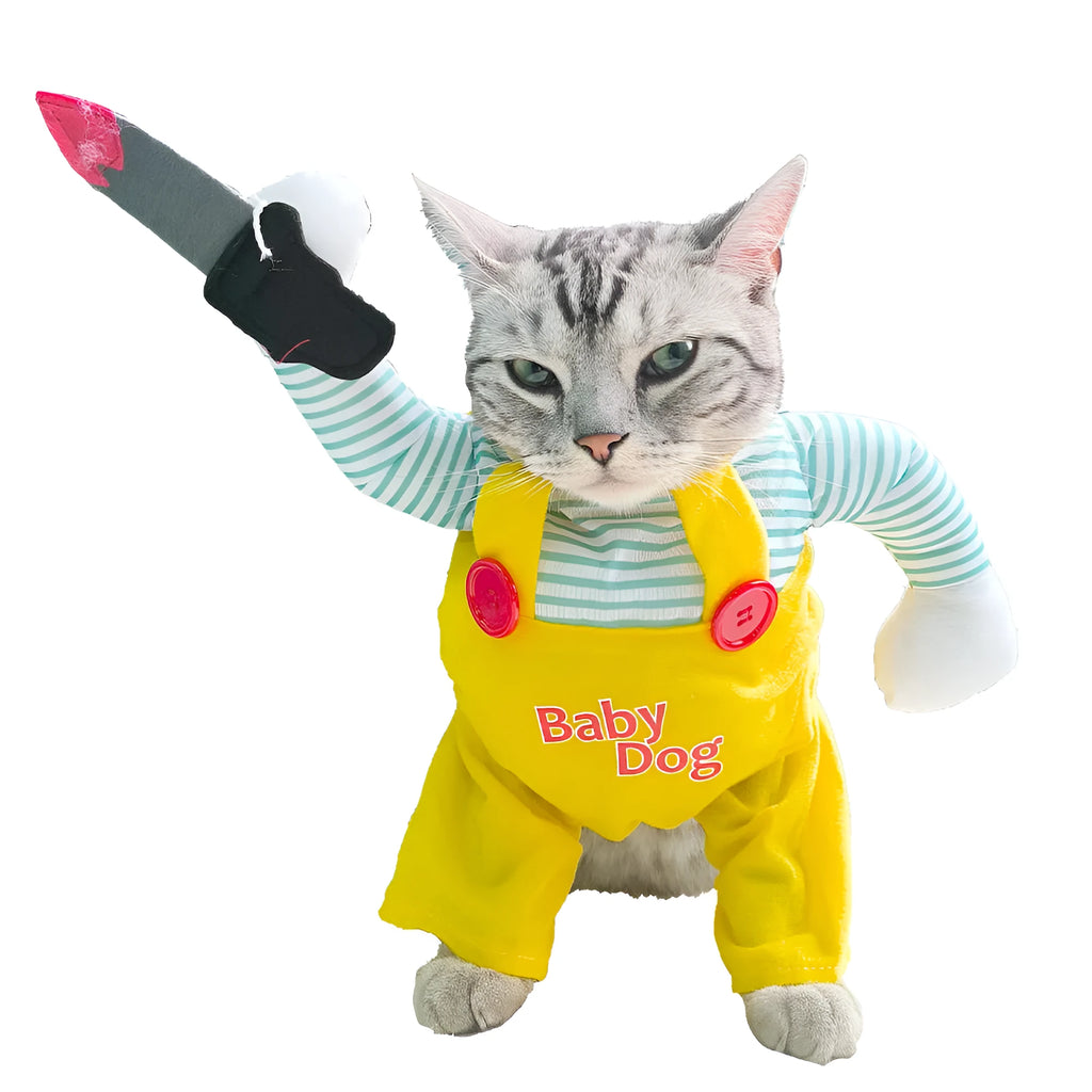 Yellow sword design cat costume clothing in polyester fabric for pet dressing