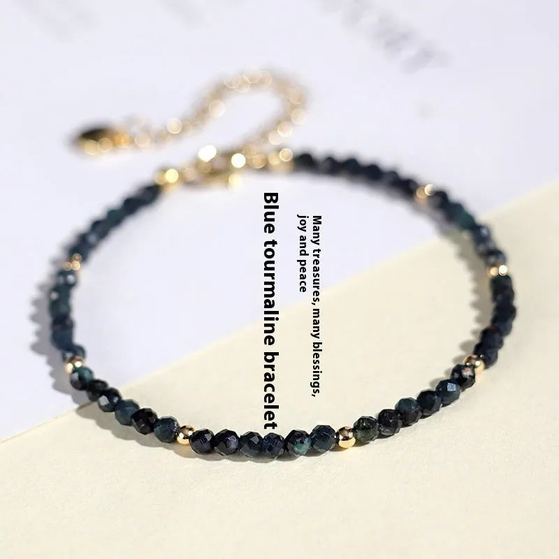 Blue tourmaline spacer bead bracelet with 3mm cut gemstones for women