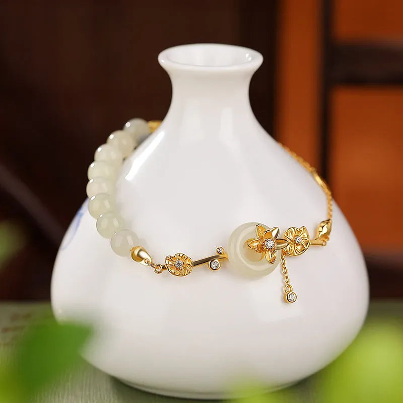Hetian Jade Lotus Peace Buckle Bracelet 925 Silver gold plated retro women's jewellery