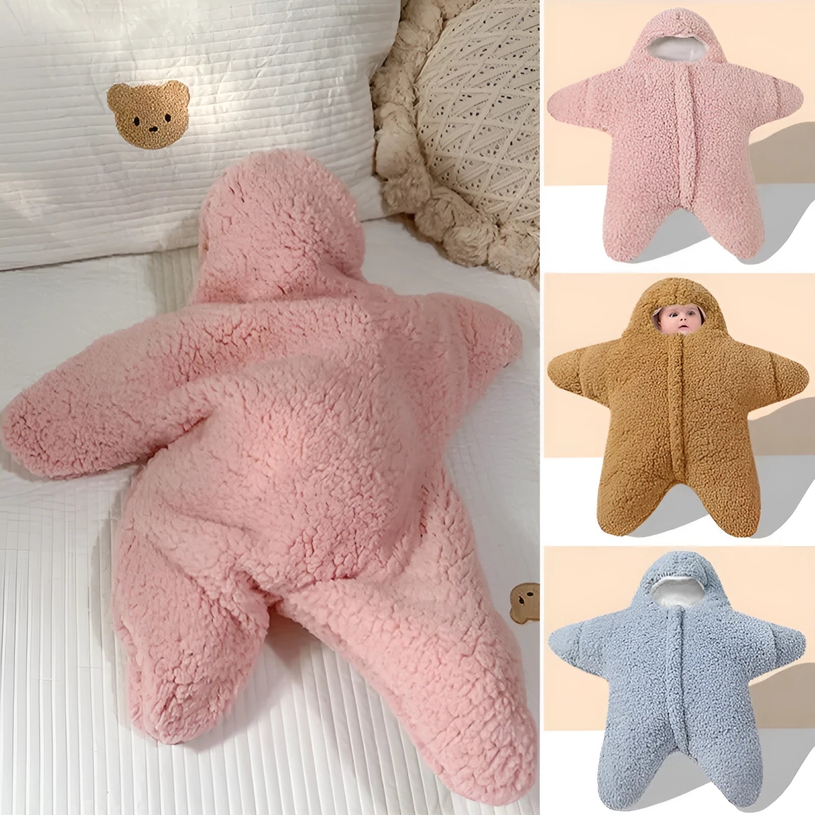 Baby starfish lamb velvet sleeping bag in pink with hood and zip, 76x78x39cm, for newborns 0-6 months