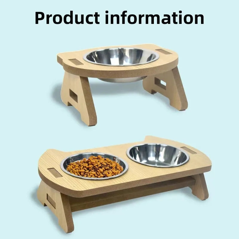 Wooden cat bowl feeder with two stainless steel bowls for water and food, anti-overturning base