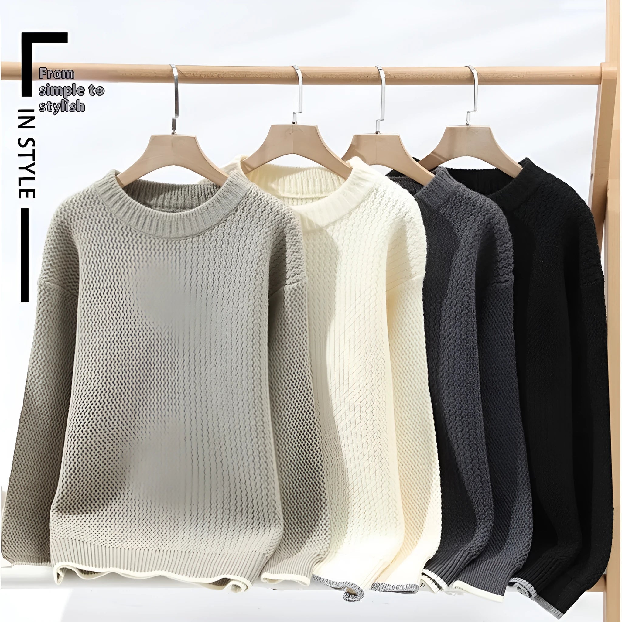 Man wearing a loose grey round neck pullover sweater, casual autumn outfit