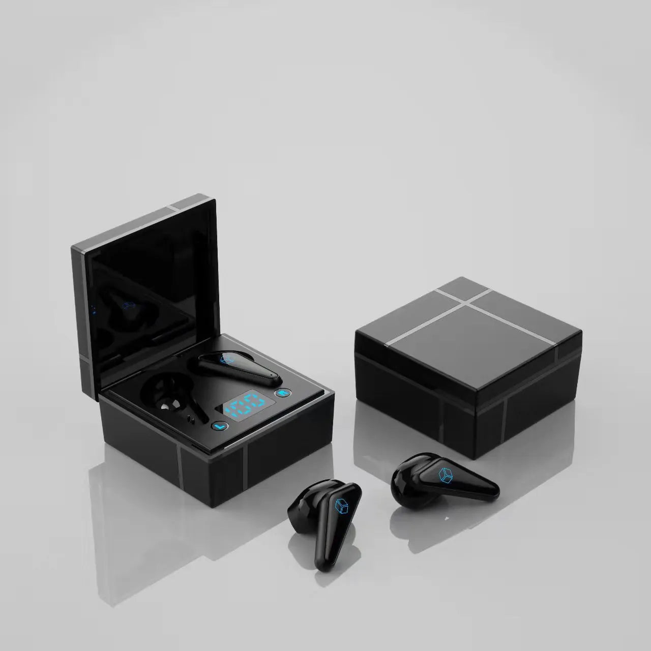 Blue and white wireless Bluetooth gaming headset with a digital display on the earpiece.