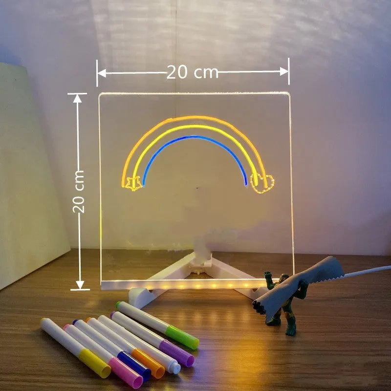 Acrylic DIY note board LED night light showing a transparent board with written messages, USB power, and bracket setup