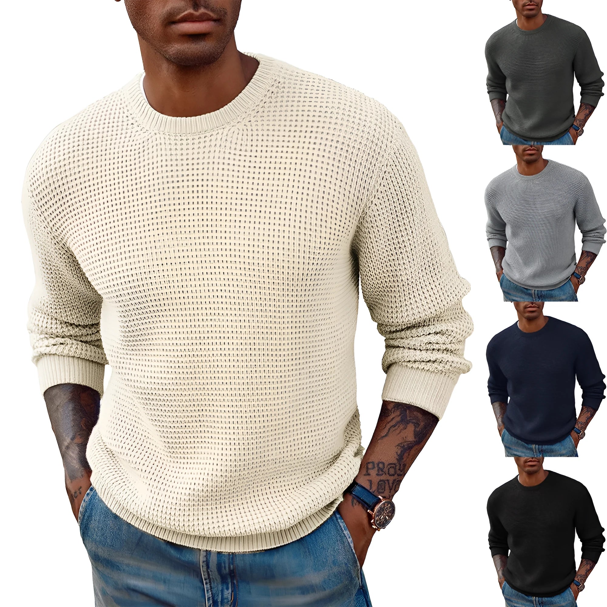 Men's solid colour round neck sweater pullover in beige, available in multiple sizes from S to 3XL