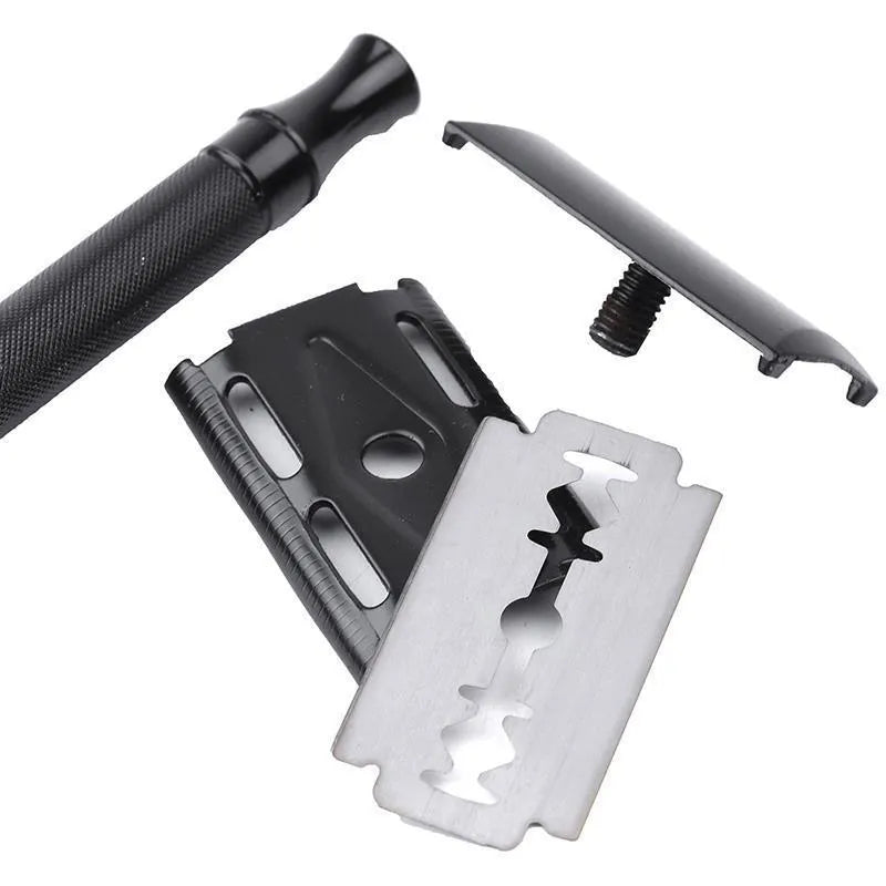 Manual shaving razor with brush combination in black or silver metal finish
