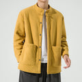 Men's hanfu stand collar corduroy fleece warm jacket in black, front view