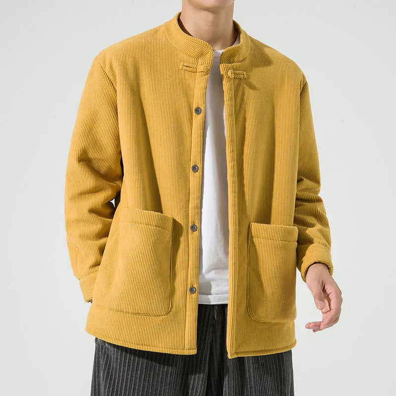 Men's hanfu stand collar corduroy fleece warm jacket in black, front view