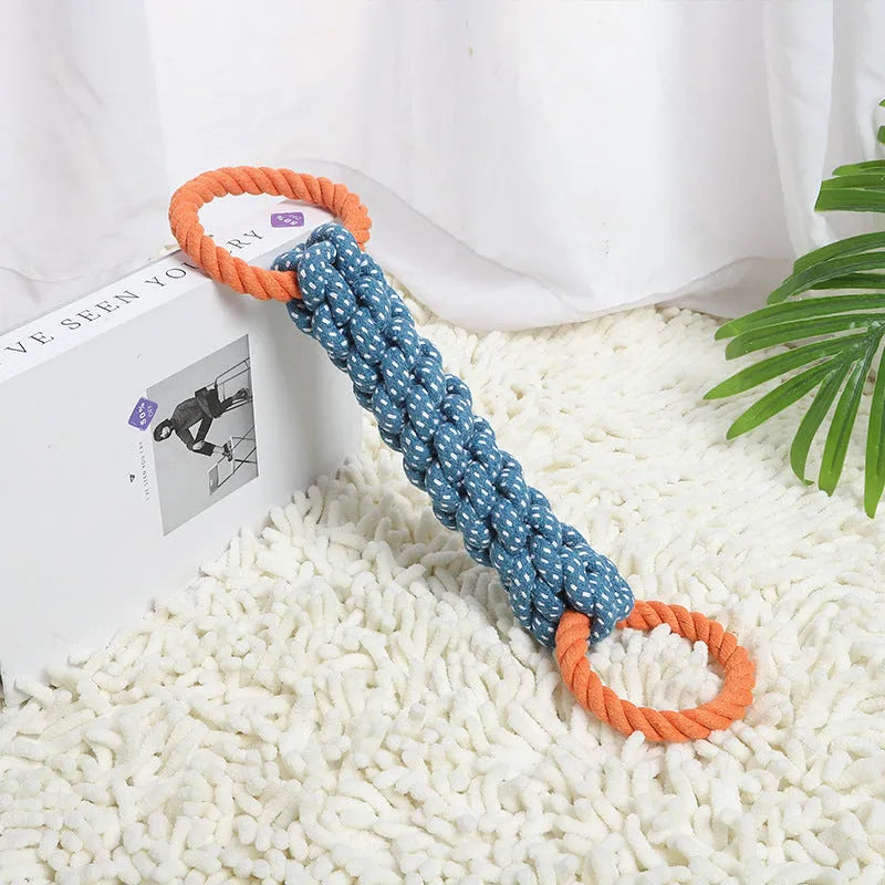 Blue double-ring braided cotton knot dog toy on white background, 37cm length