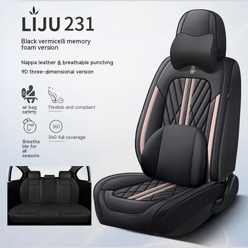Five-seat car seat cushion in leather with hemming finish, available in multiple colours including black, blue, beige, and red striped