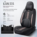 Five-seat car seat cushion in leather with hemming finish, available in multiple colours including black, blue, beige, and red striped