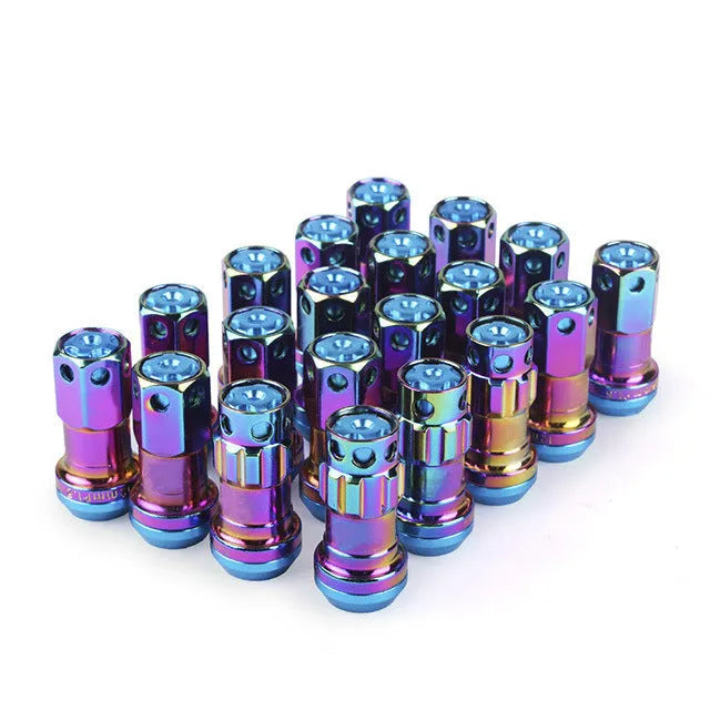 Set of aluminium alloy flat head wheel nuts in various colours including black, blue, gold, red, and purple.