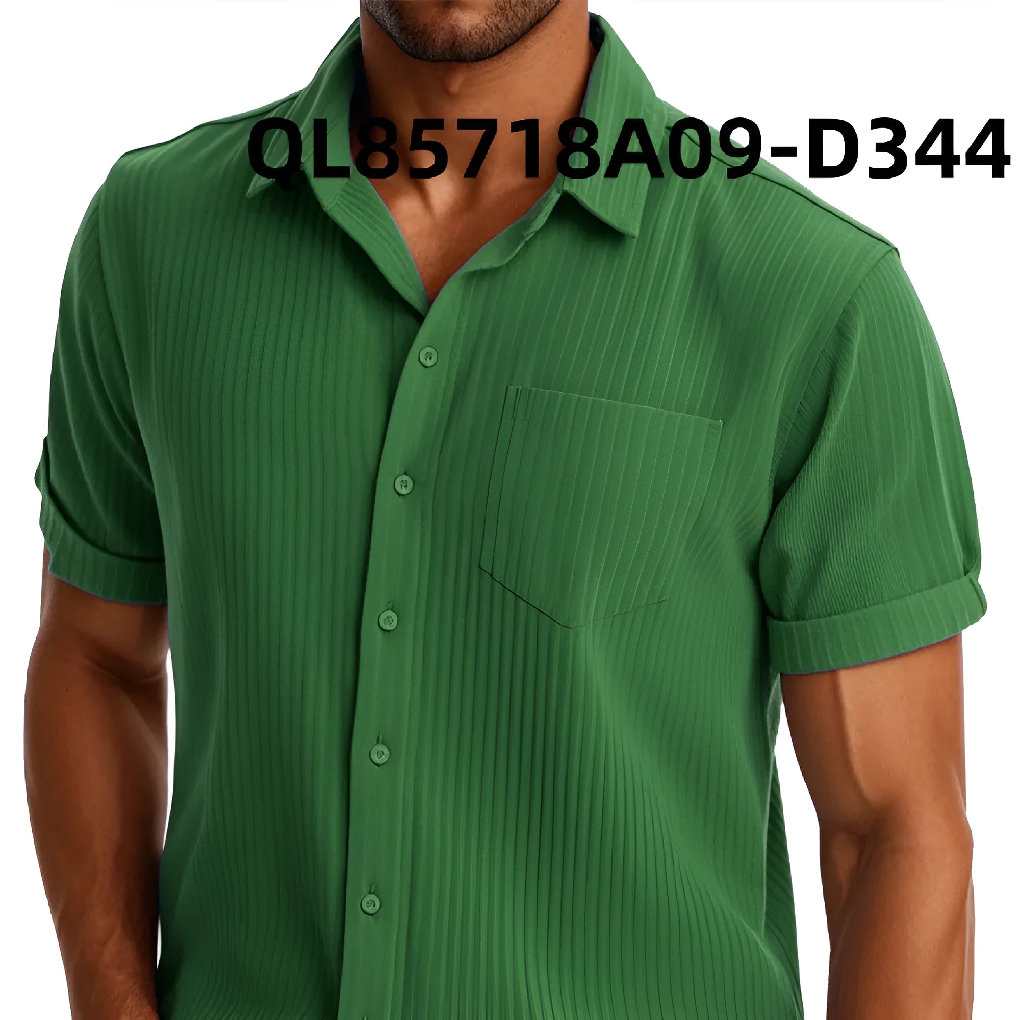Men's loose short sleeve lapel shirt with printed pattern in black and white lines, front view