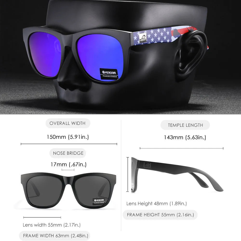 Polarised sunglasses with TAC lenses and PC frame for outdoor UV protection.