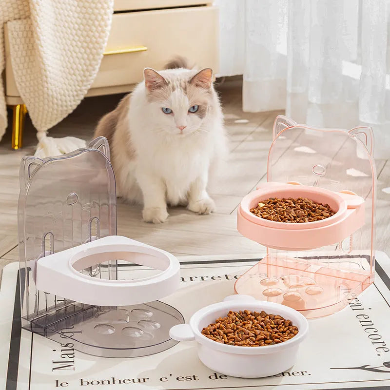 Grey cat feeding bowl with anti-spill cat ears design and removable hanging cage