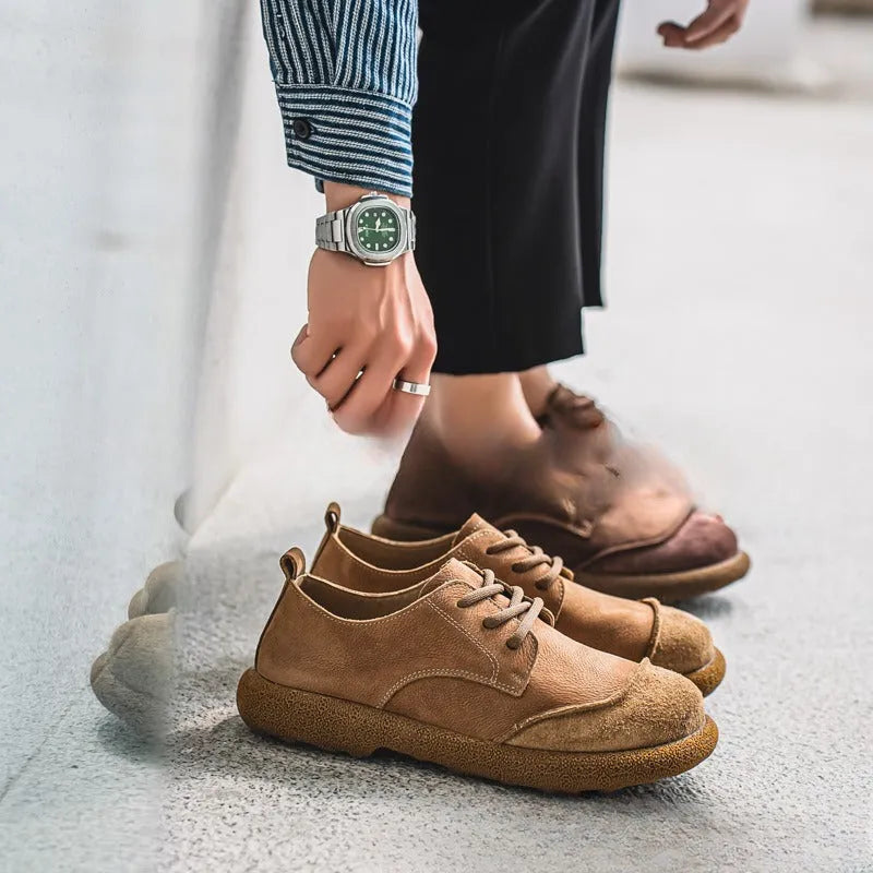 Men's casual lace up leather shoes in brown, matte finish, round toe, flat heel, sewing thread details, size 38-44