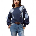 Sapphire blue women's pullover with woven floral jacquard pattern, loose casual fit.