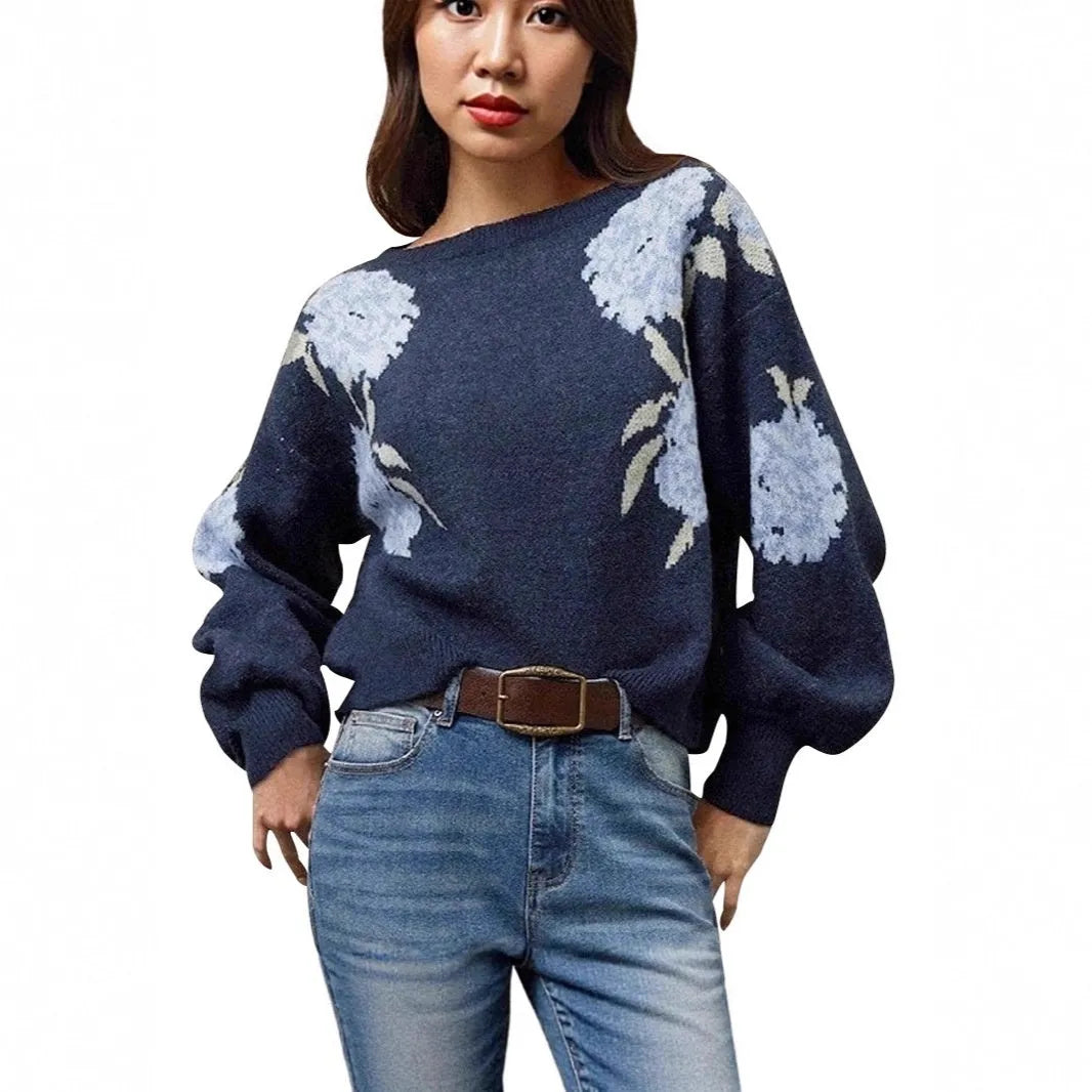 Sapphire blue women's pullover with woven floral jacquard pattern, loose casual fit.