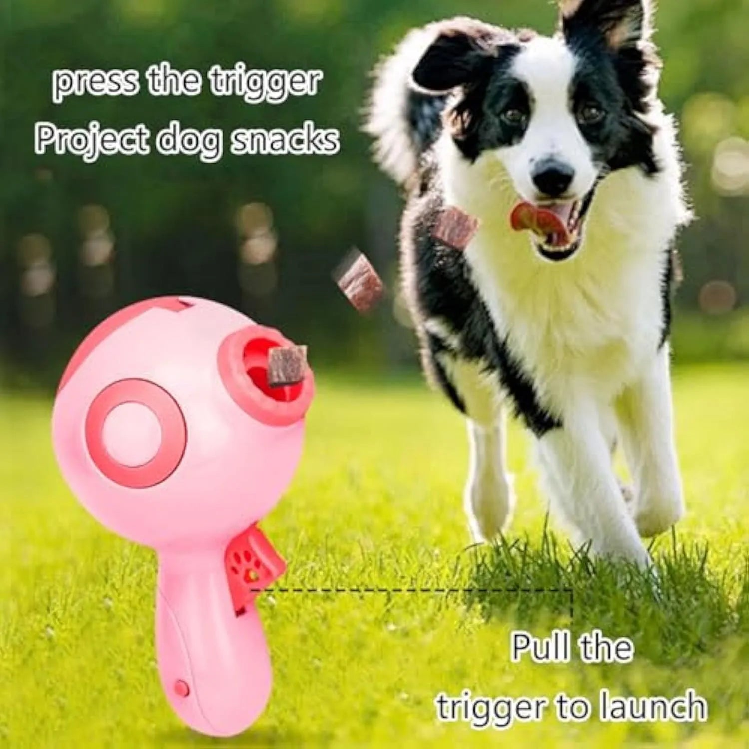 Green, orange, and pink plastic dog treat launcher toy for interactive feeding and training