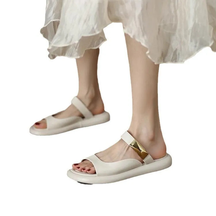 Peep toe flat platform sandals in apricot or white colour with rubber sole