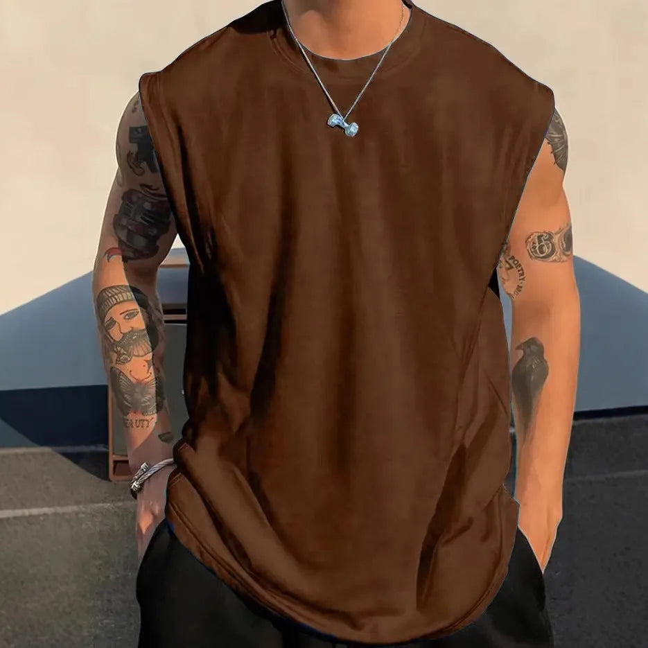 Men's loose solid colour cotton sleeveless tank top on a hanger