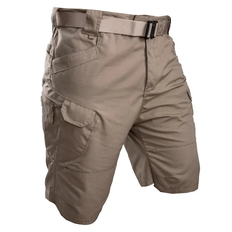 IX7 tactical shorts in khaki cotton blend fabric, wear-resistant for hiking camping spring outdoor work, button model closure