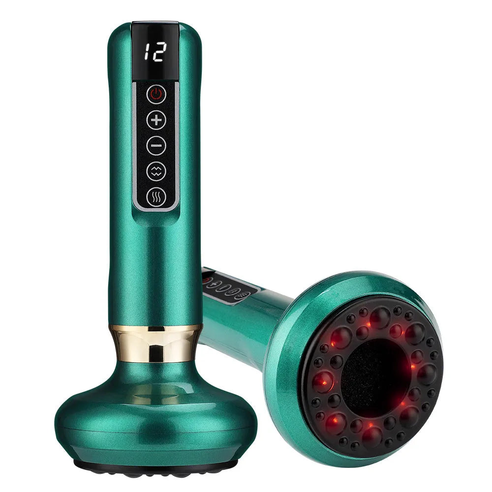 Green electric vacuum cupping massager with USB charger and instruction manual