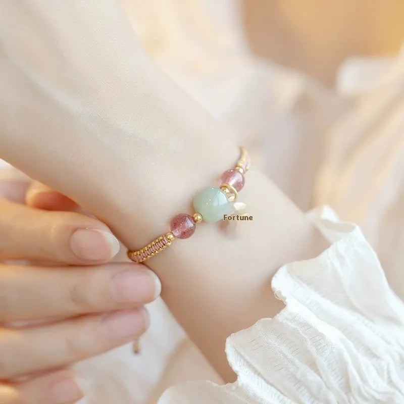 Adjustable red rope bracelet with Strawberry Quartz transfer beads unisex national tide style