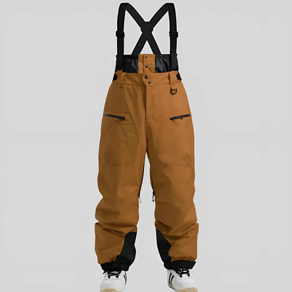 Men's black waterproof ski trousers with adjustable waist straps, shown laid flat.