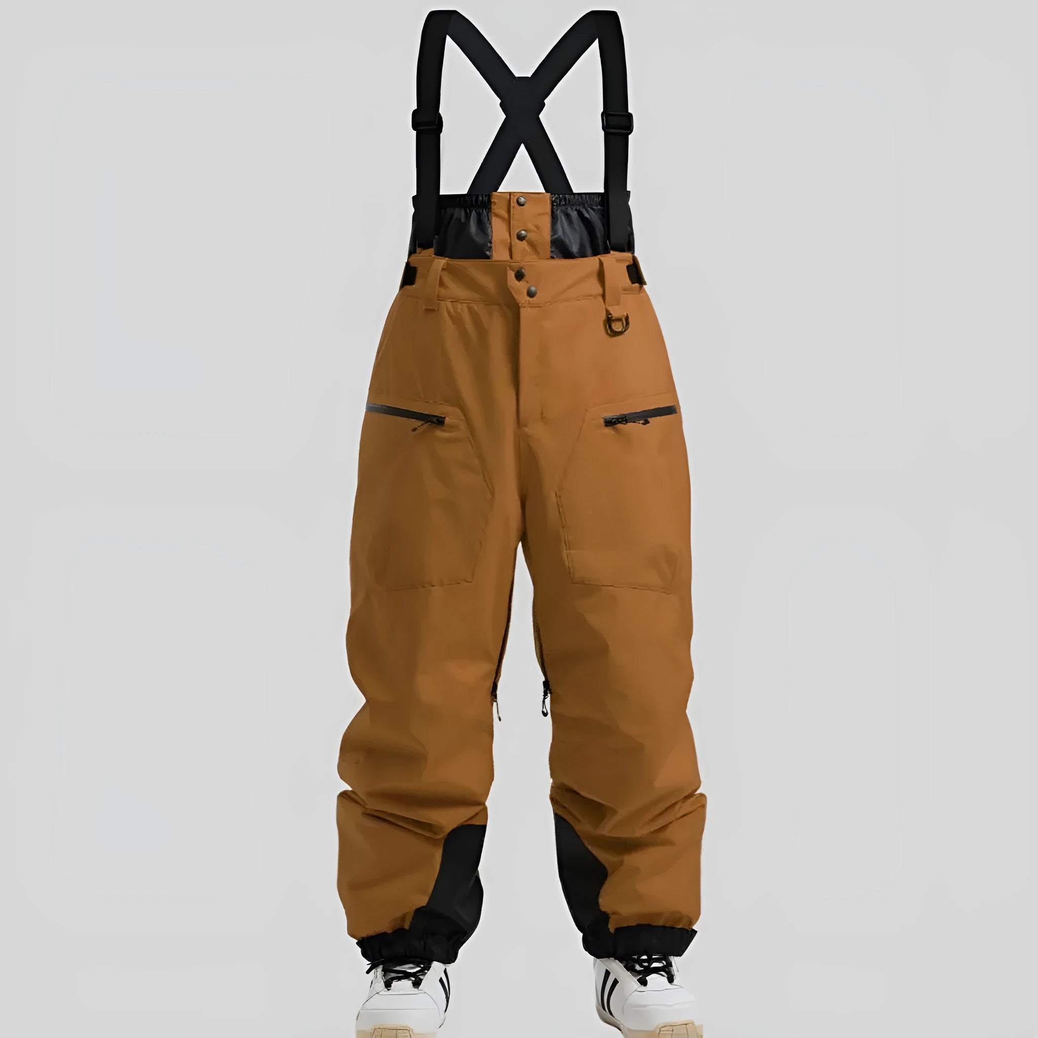 Men's black waterproof ski trousers with adjustable waist straps, shown laid flat.